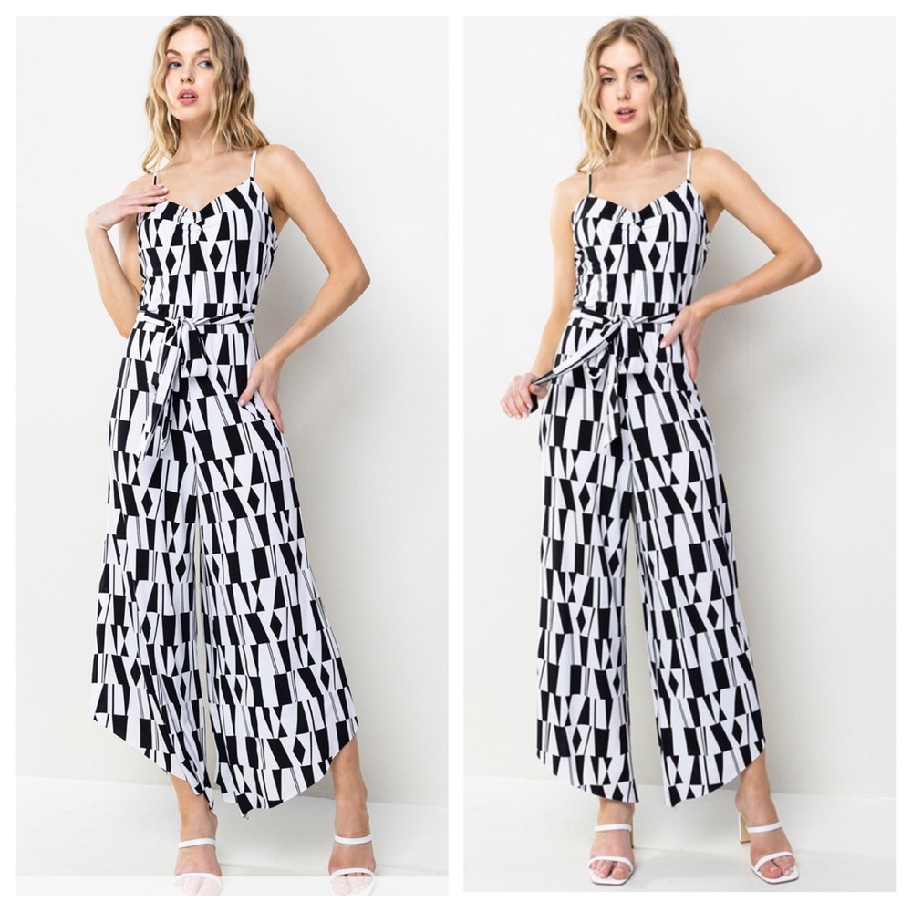 29 Boho Stretch Geometric Self Tie Waist Jumpsuit - Picture 3 of 4